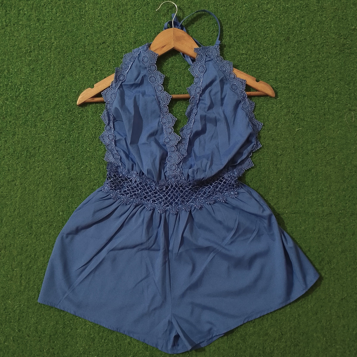 Blue Lace Trim Halter Neck Crochet Waist Romper Playsuit - Front