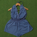Blue Lace Trim Halter Neck Crochet Waist Romper Playsuit - Front