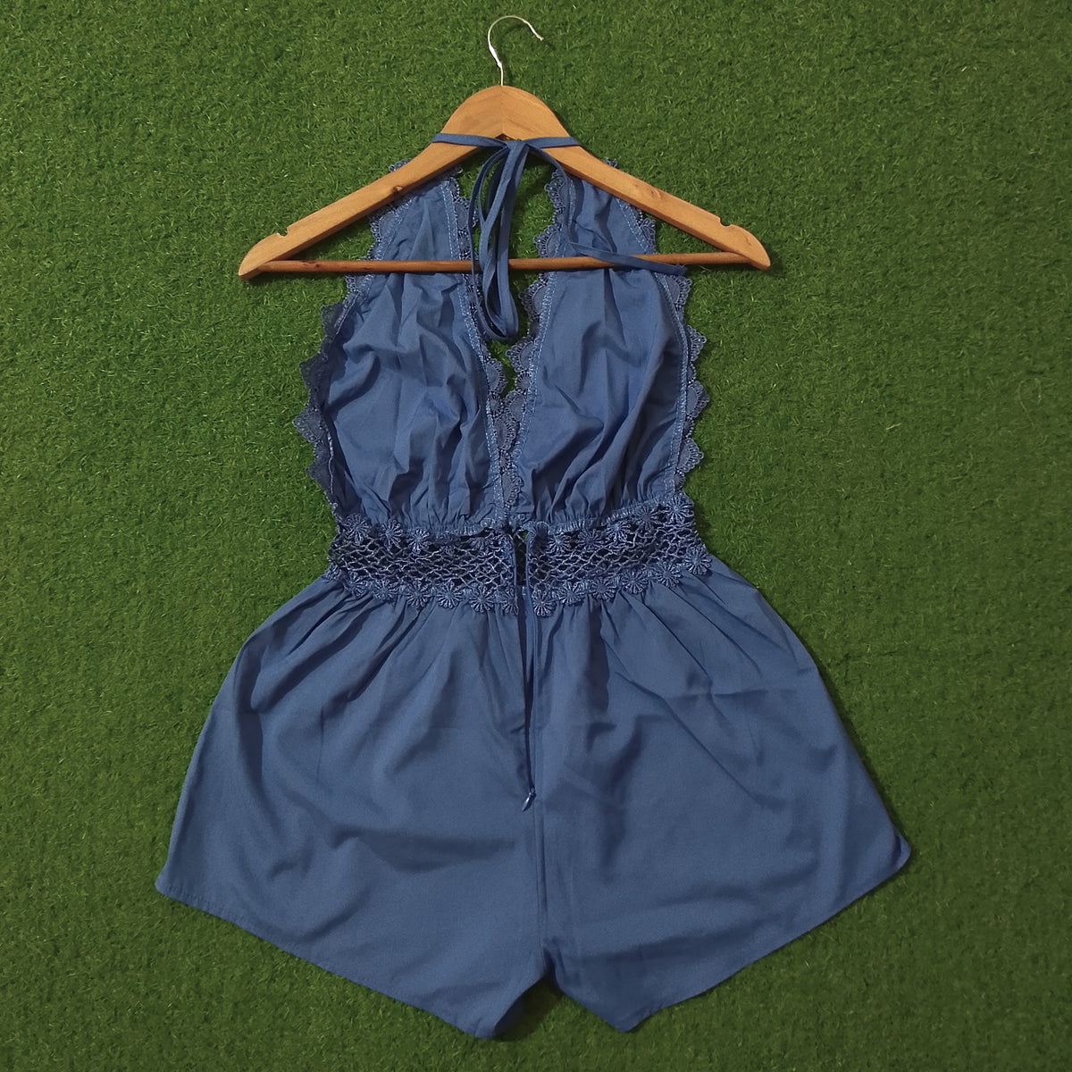 Blue Lace Trim Halter Neck Crochet Waist Romper Playsuit - Back
