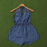 Blue Lace Trim Halter Neck Crochet Waist Romper Playsuit - Back