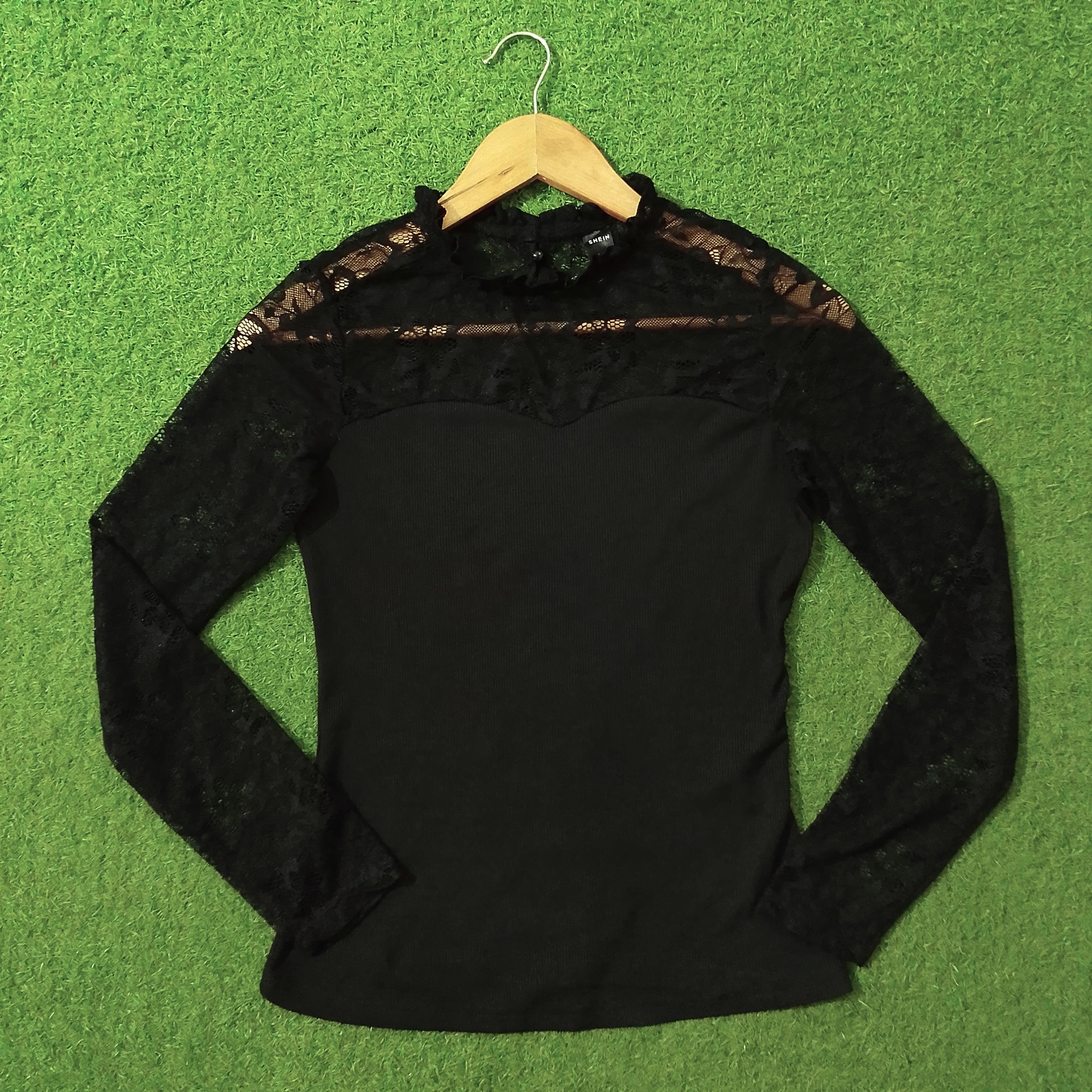 Black Ribbed Lace Panel High Neck Long Sleeve Shirt