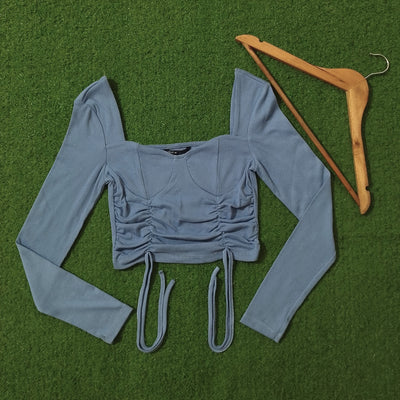 Blue Ribbed Square Neck Ruched Drawstring Long Sleeve Crop Top - alternate view