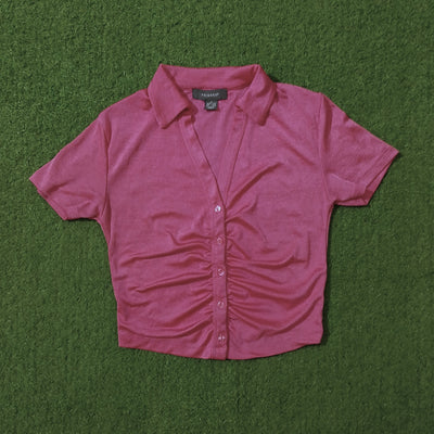 Dusty Rose Ruched Button-Down Collar Short Sleeve Crop Top - alternate view
