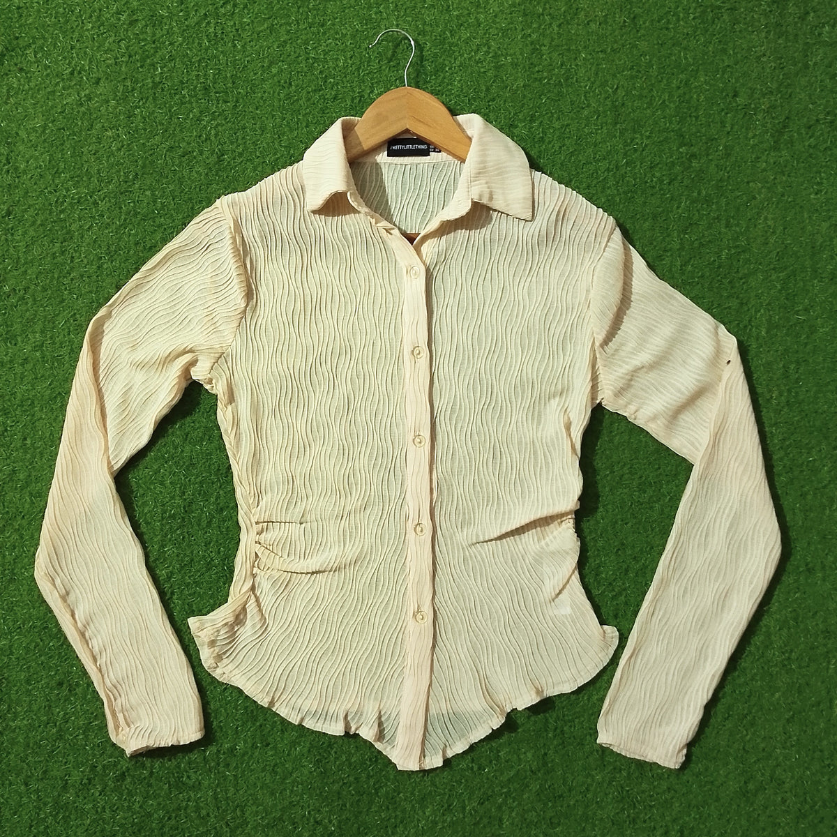 Cream Textured Wave Full Sleeve Button-Down Shirt