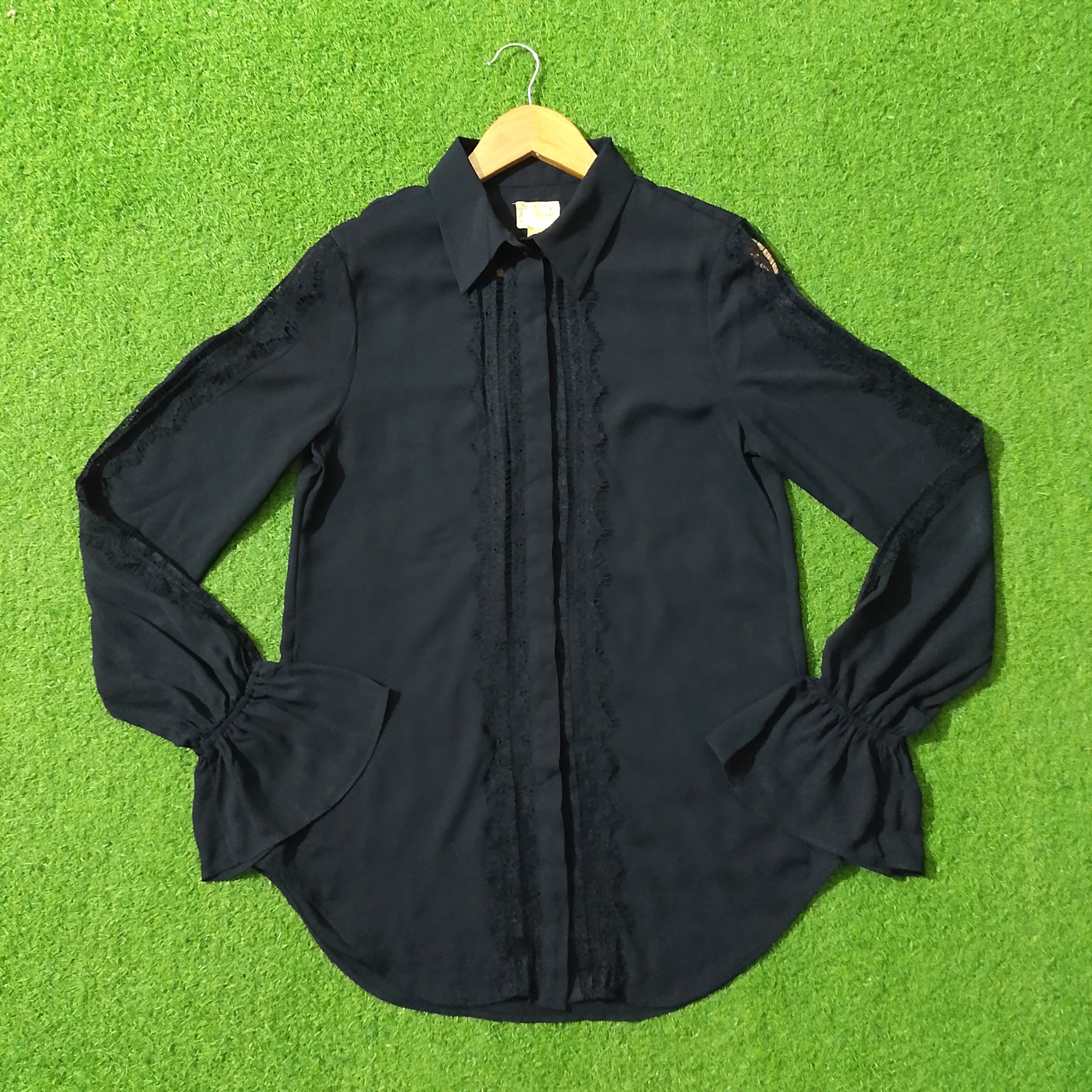 Black Lace Panel Full Sleeve Button-Down Chiffon Shirt