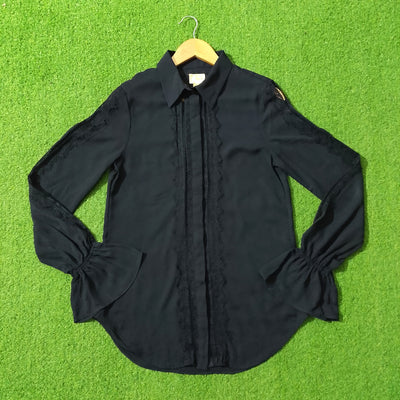 Black Lace Panel Full Sleeve Button-Down Chiffon Shirt