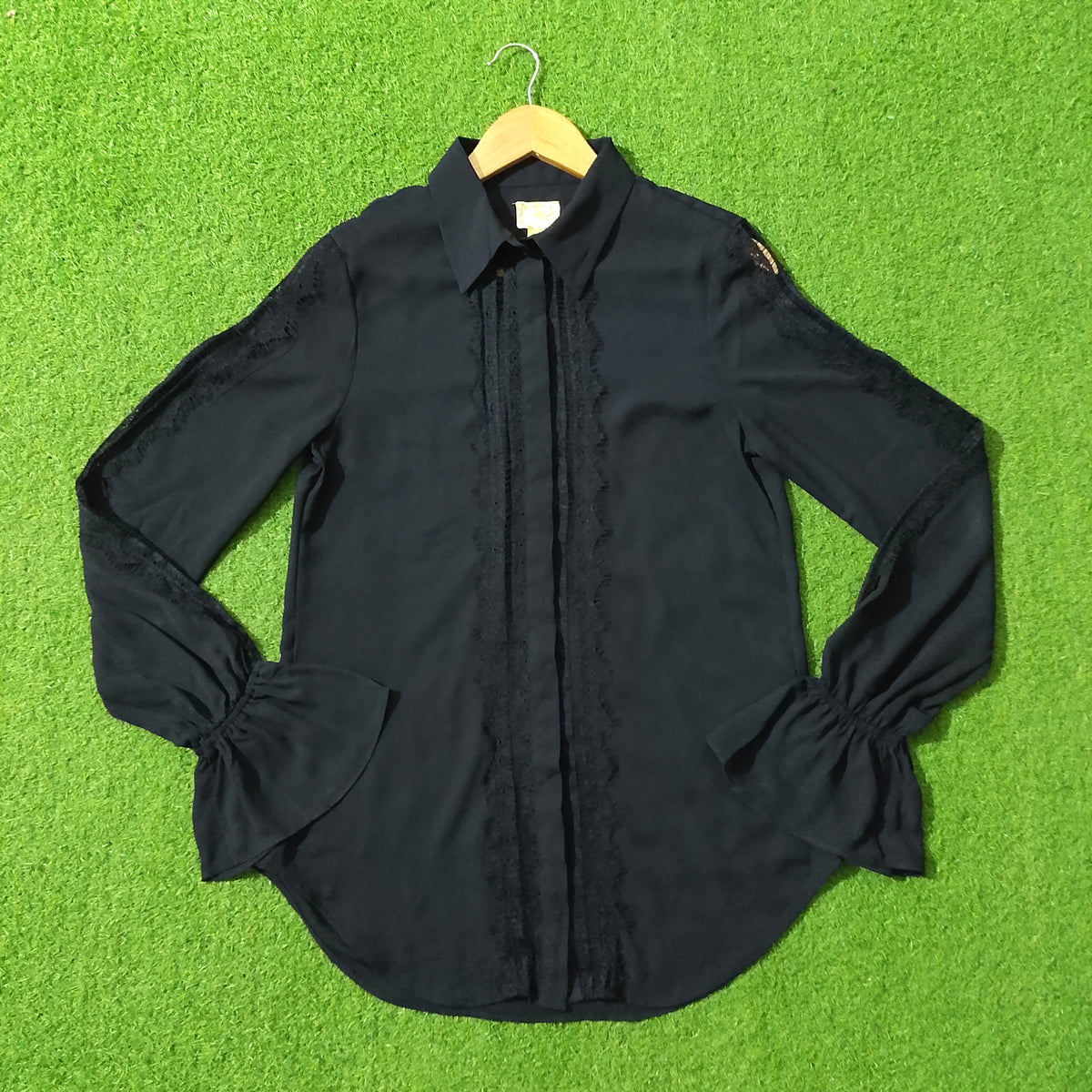 Black Lace Panel Full Sleeve Button-Down Chiffon Shirt