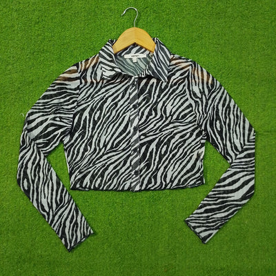 Zebra Print Mesh Button-Up Collared Long Sleeve Crop Top