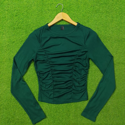 Green Ruched Front Long Sleeve Ribbed Crop Top