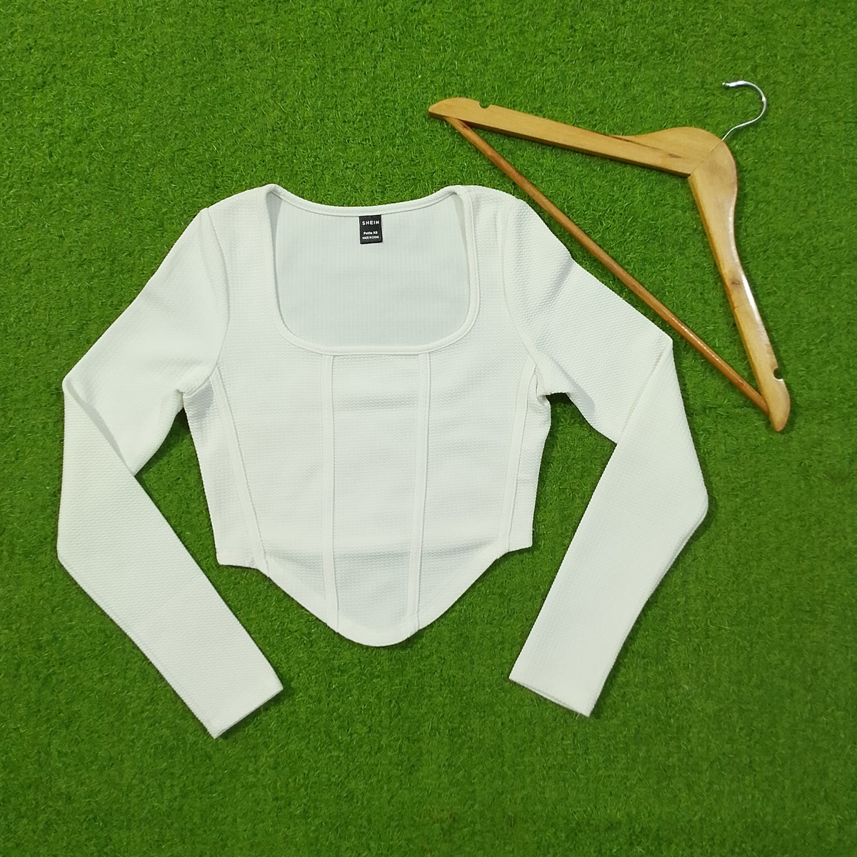 White Square Neck Corset-Style Long Sleeve Crop Top