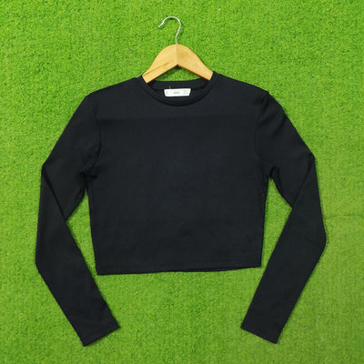 Black Round Neck Long Sleeve Ribbed Crop Top