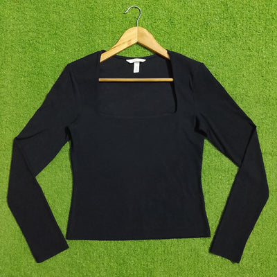 Black Square Neck Long Sleeve Ribbed Crop Top