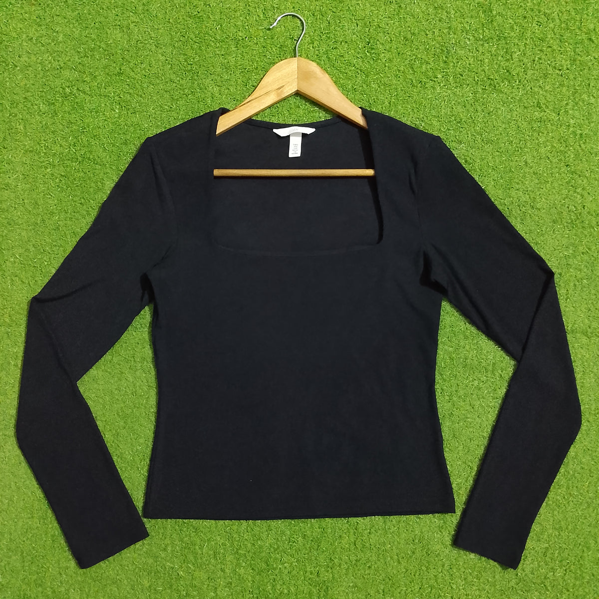Black Square Neck Long Sleeve Ribbed Crop Top