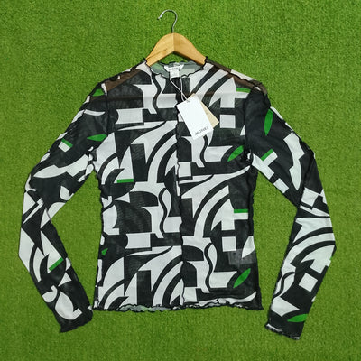 Black & White Abstract Print Mesh Long Sleeve Top