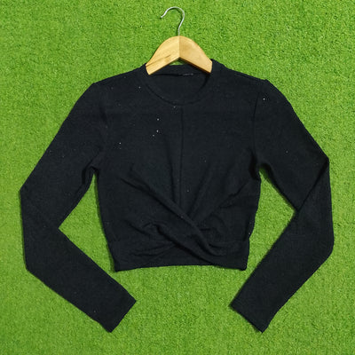 Black Glitter Twist Front Long Sleeve Crop Top