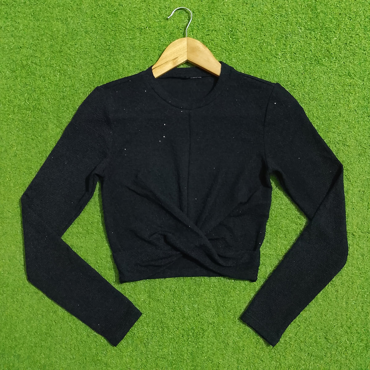 Black Glitter Twist Front Long Sleeve Crop Top