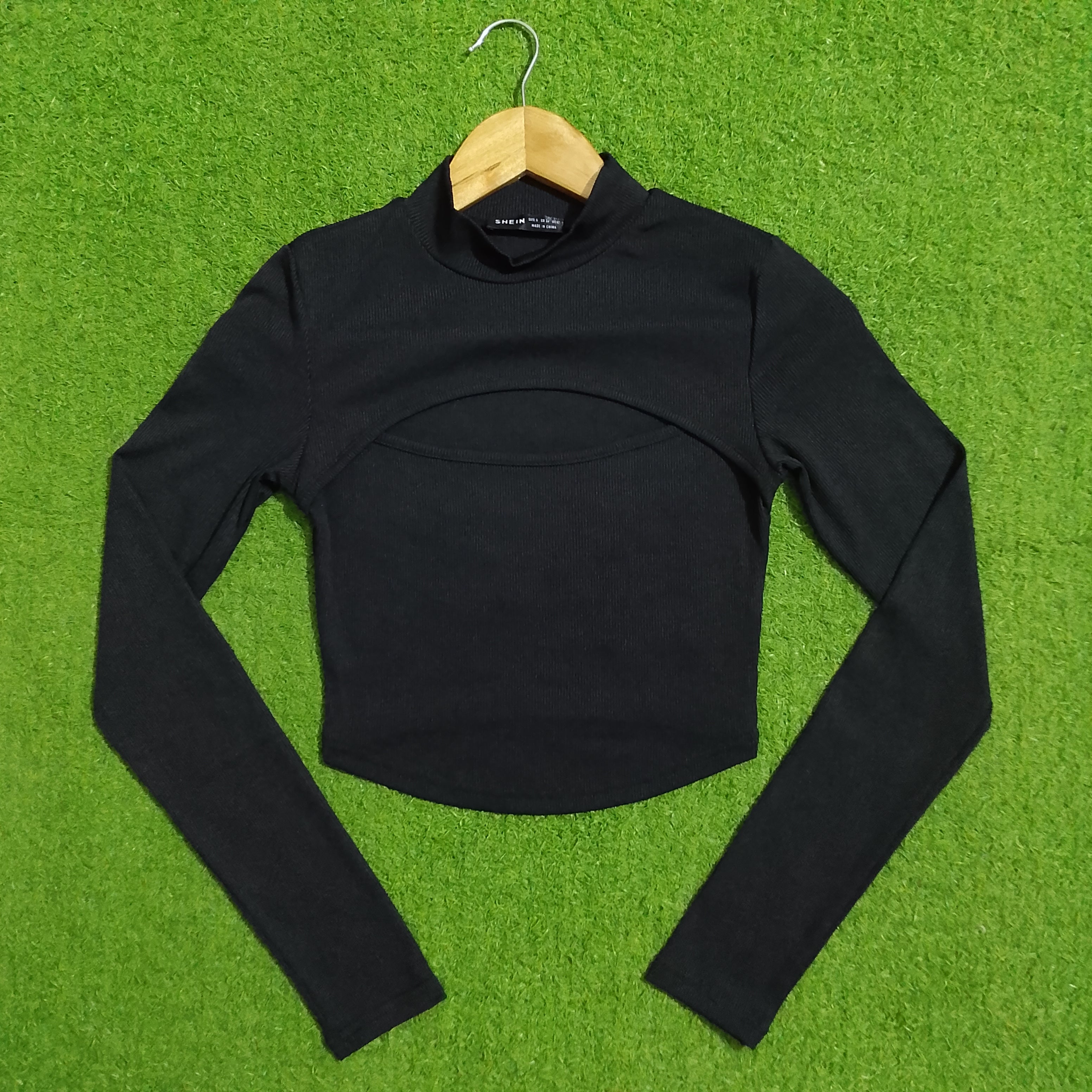 Black Mock Neck Cut-Out Ribbed Long Sleeve Crop Top