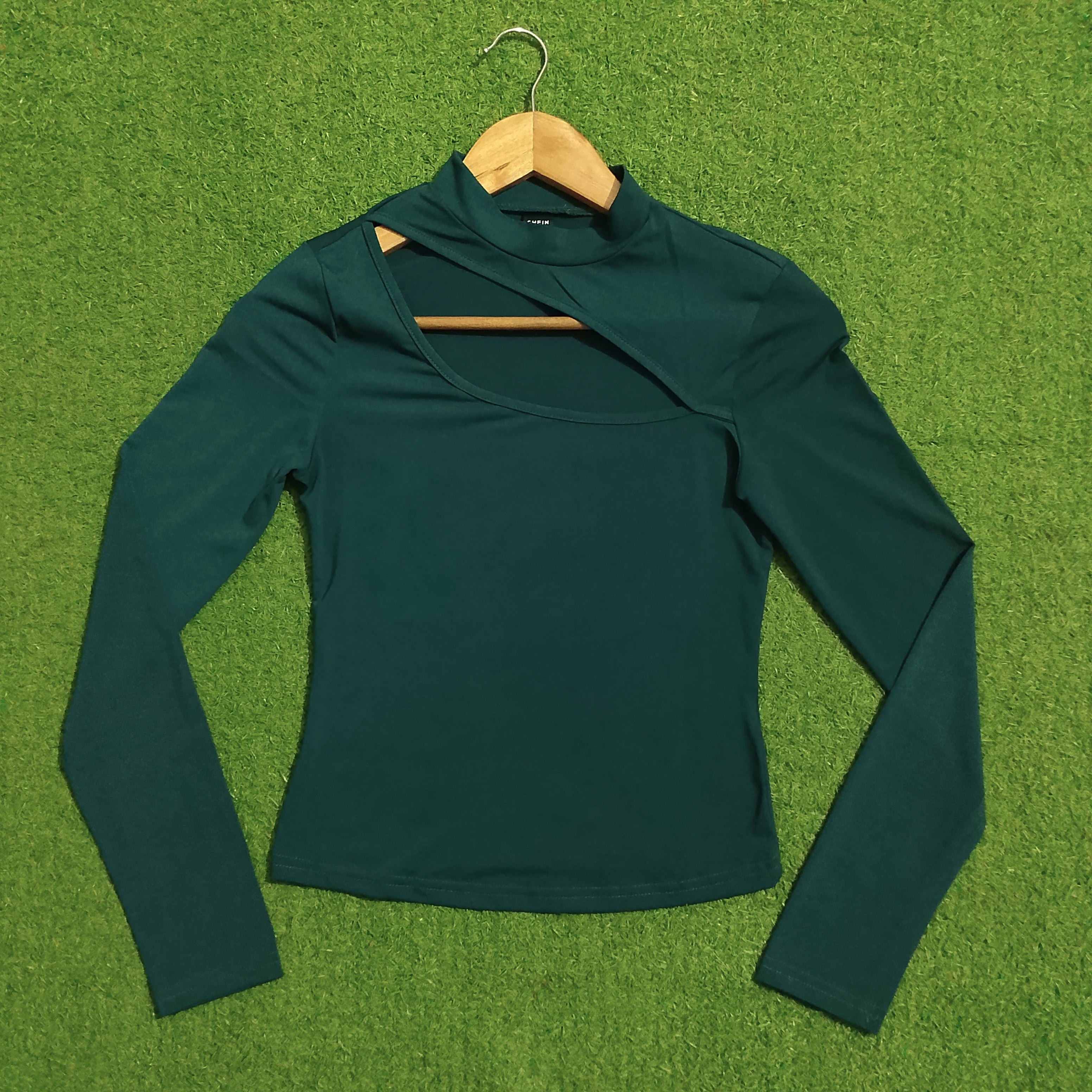 Teal Mock Neck Cut-Out Long Sleeve Fitted Top