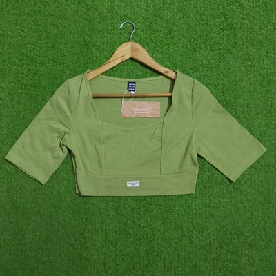 Olive Green Square Neck Short Sleeve Ribbed Crop Top