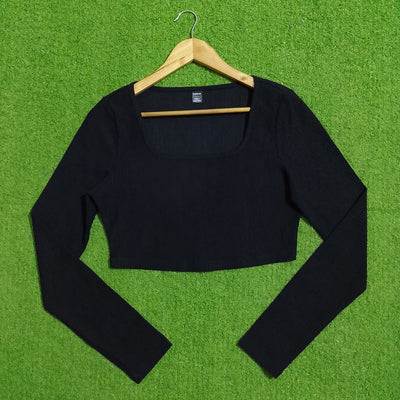 Black Square Neck Long Sleeve Ribbed Crop Top
