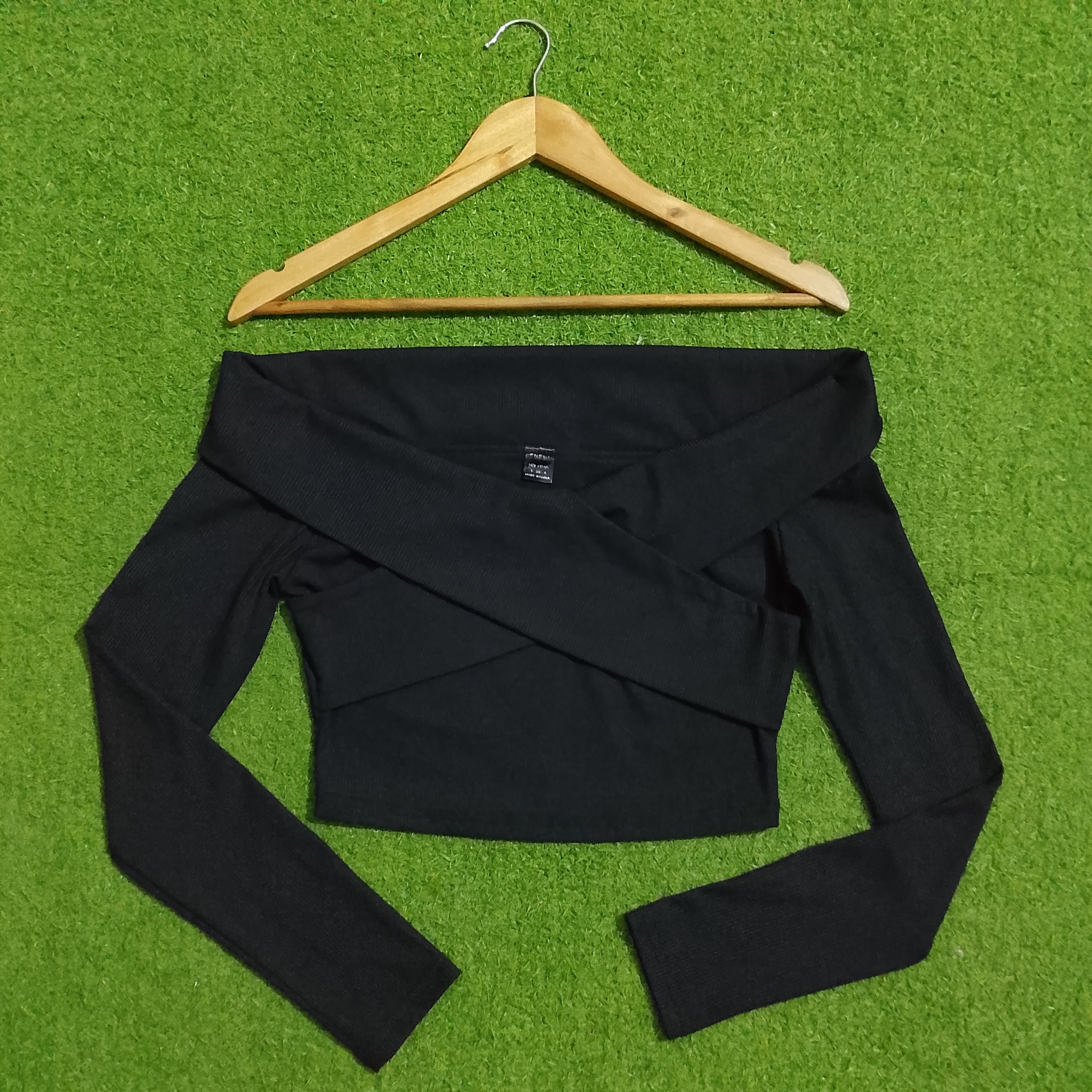 Black Off-Shoulder Cross Wrap Long Sleeve Ribbed Crop Top