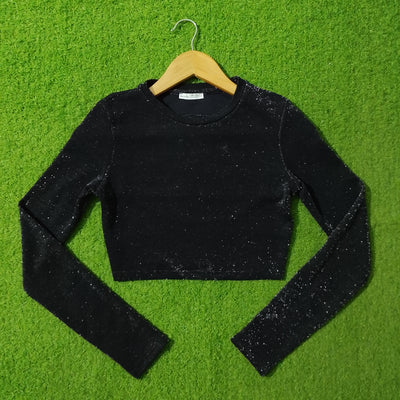 Black glitter long sleeve crop top front view