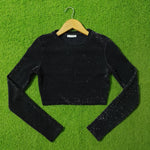 Black glitter long sleeve crop top front view