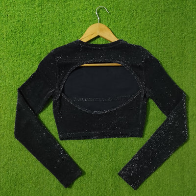 Black glitter crop top back with circular cutout - alternate view