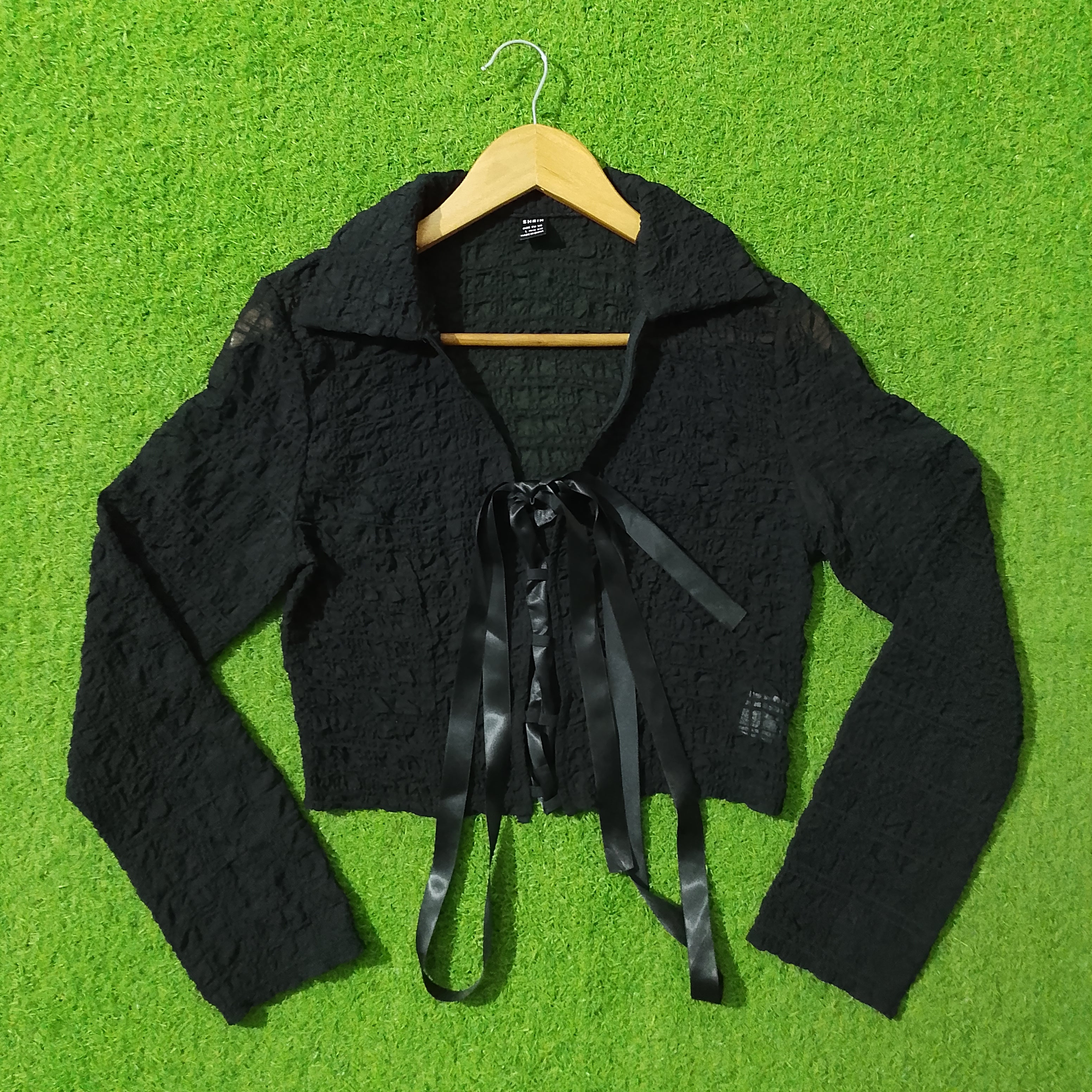 Black chiffon crush ribbon tie crop top front view
