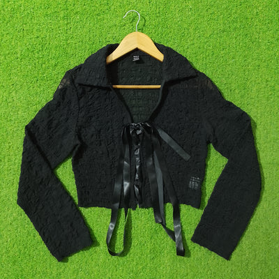 Black chiffon crush ribbon tie crop top front view