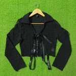 Black chiffon crush ribbon tie crop top front view