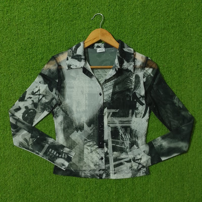 Abstract print net mesh long sleeve shirt