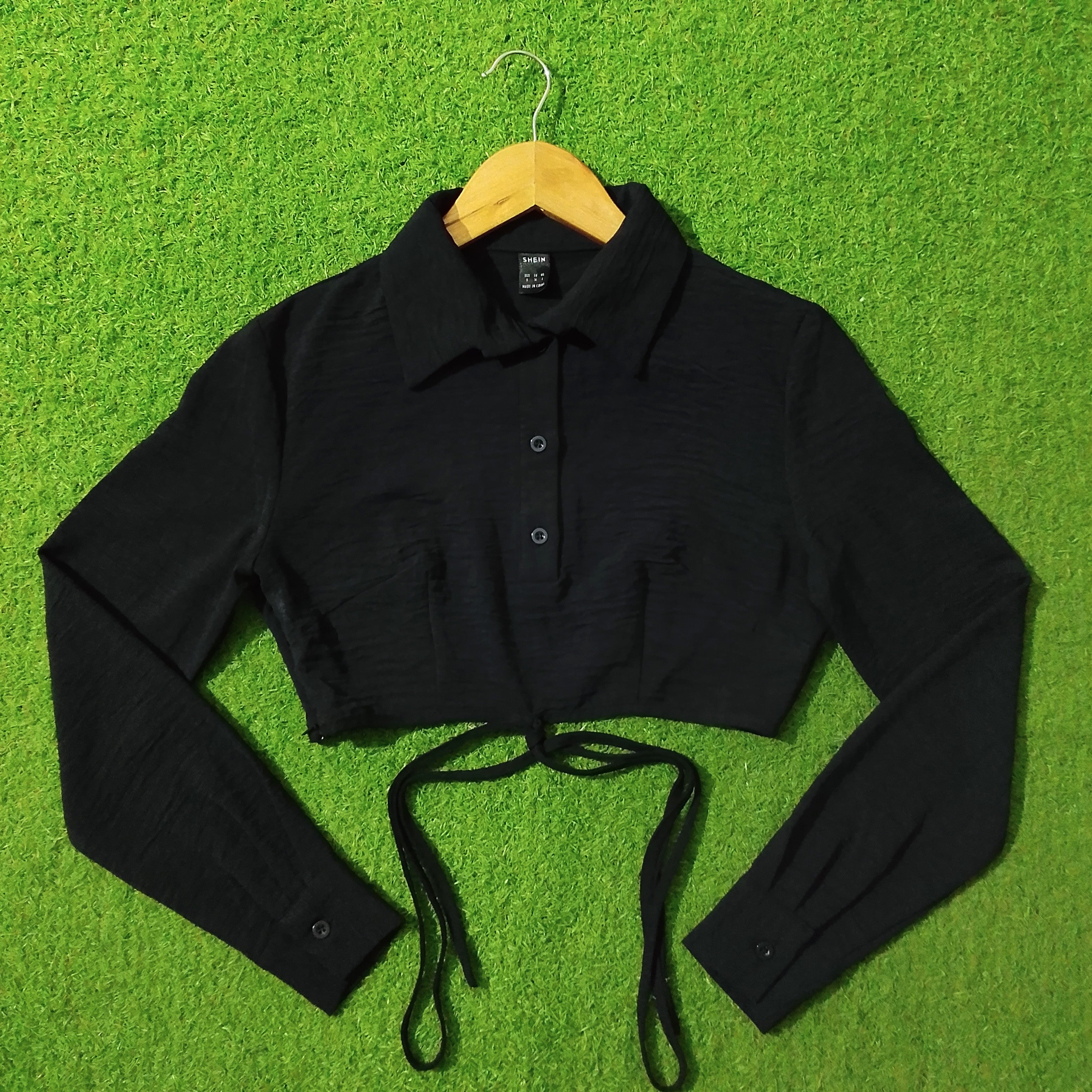 Black chiffon crush collared drawstring crop top full view