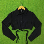 Black chiffon crush collared drawstring crop top full view