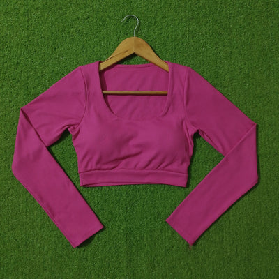Magenta ribbed knit square neck long sleeve crop top