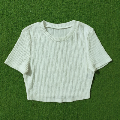 White textured knit short sleeve crop top