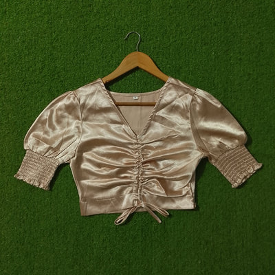 Champagne silk ruched puff sleeve crop top