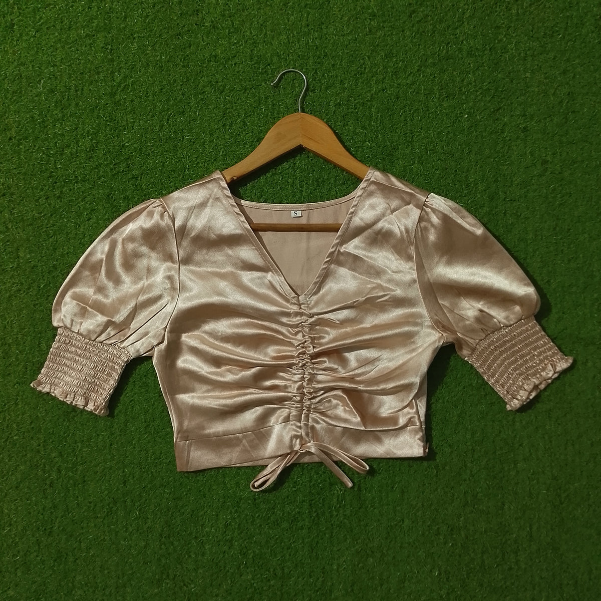 Champagne silk ruched puff sleeve crop top