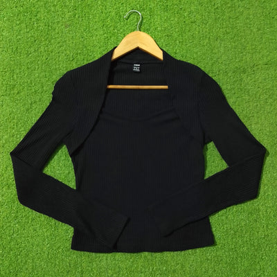 Black ribbed knit open front long sleeve shrug top full view
