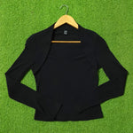 Black ribbed knit open front long sleeve shrug top full view