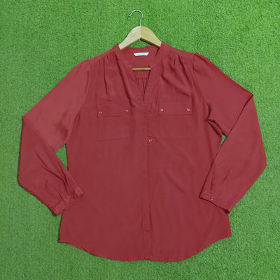 Rust Red V-Neck Dual Pocket Silk Shirt - Front View