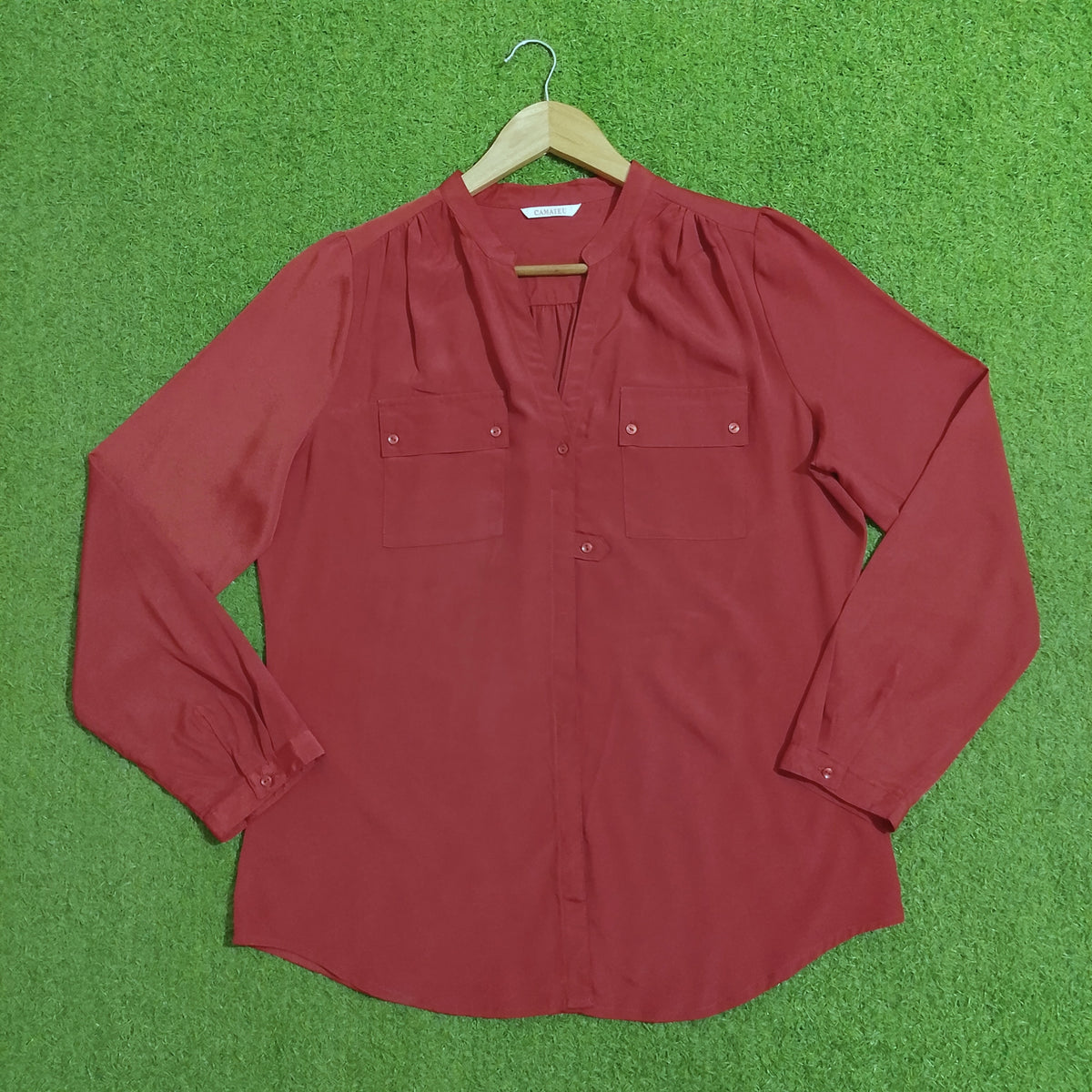 Rust Red V-Neck Dual Pocket Silk Shirt - Front View