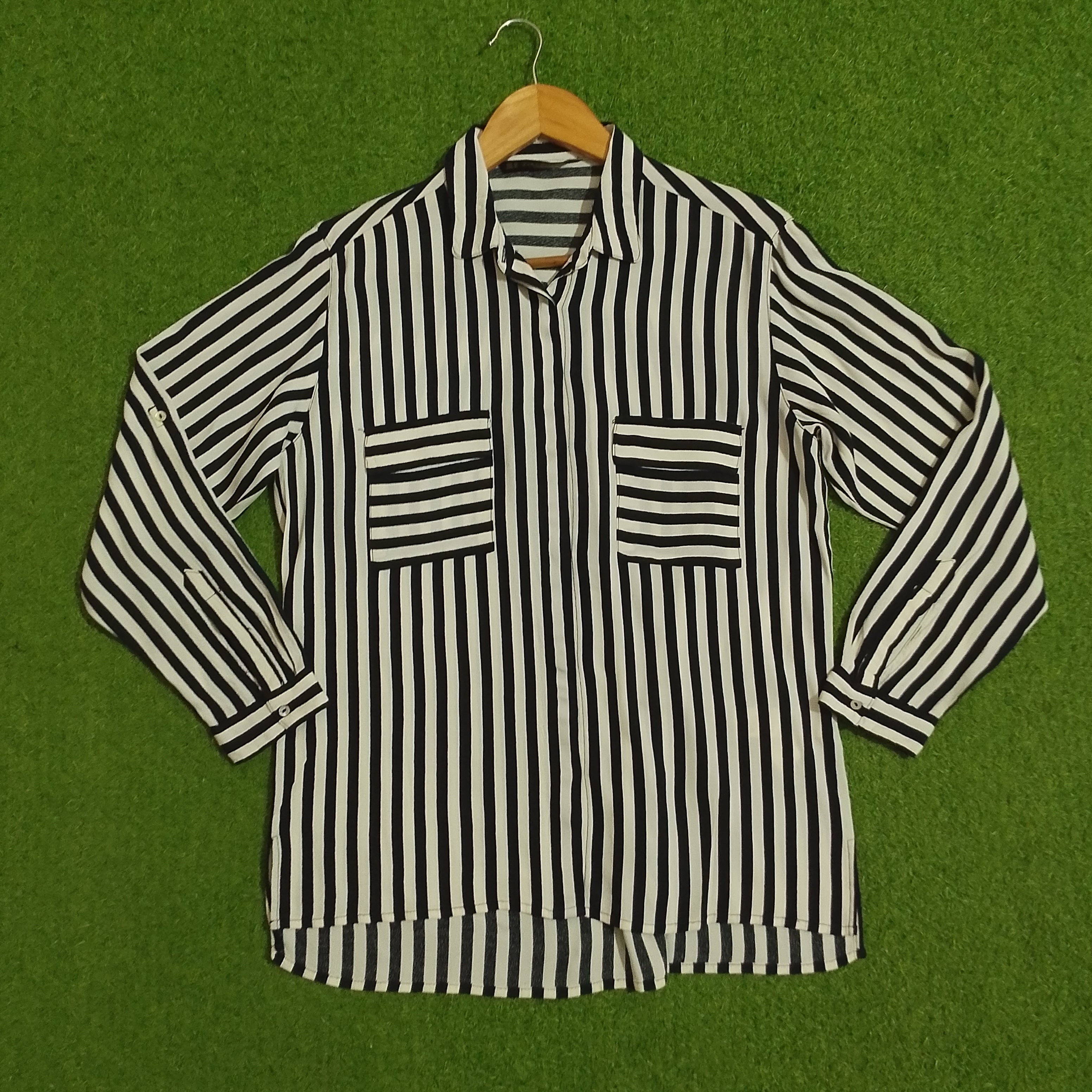 Black & White Striped Dual Pocket Chiffon Shirt - Front View