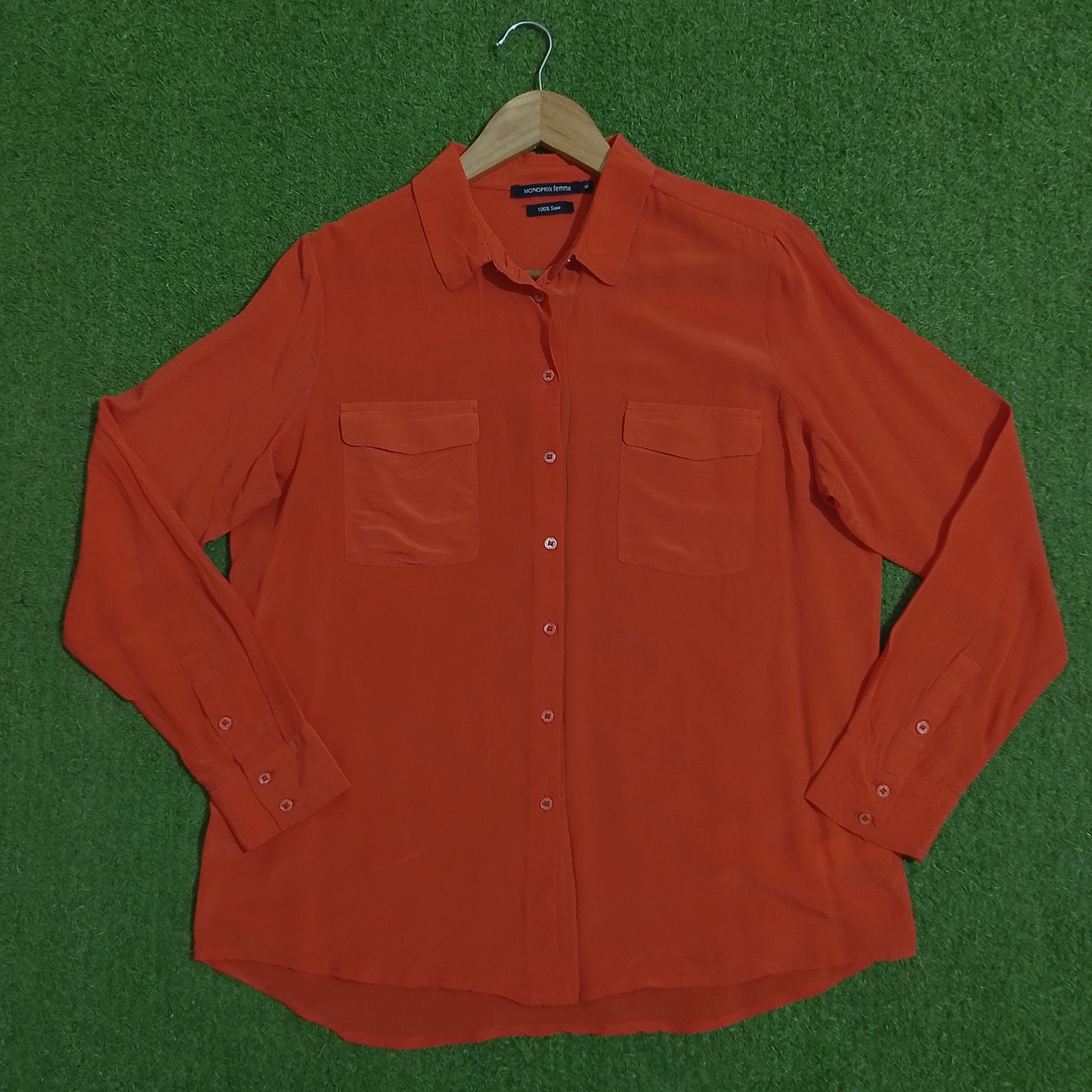 Orange Dual Pocket Button-Down Silk Shirt - Front View