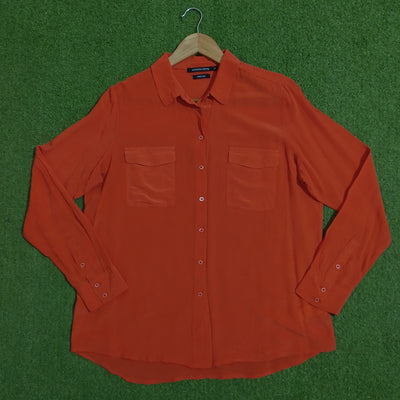 Orange Dual Pocket Button-Down Silk Shirt - Front View