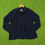 Navy Blue Pleated Tie-Neck Chiffon Blouse - Front View