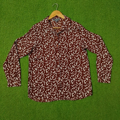 Brown Floral Print Button-Down Shirt - Front View