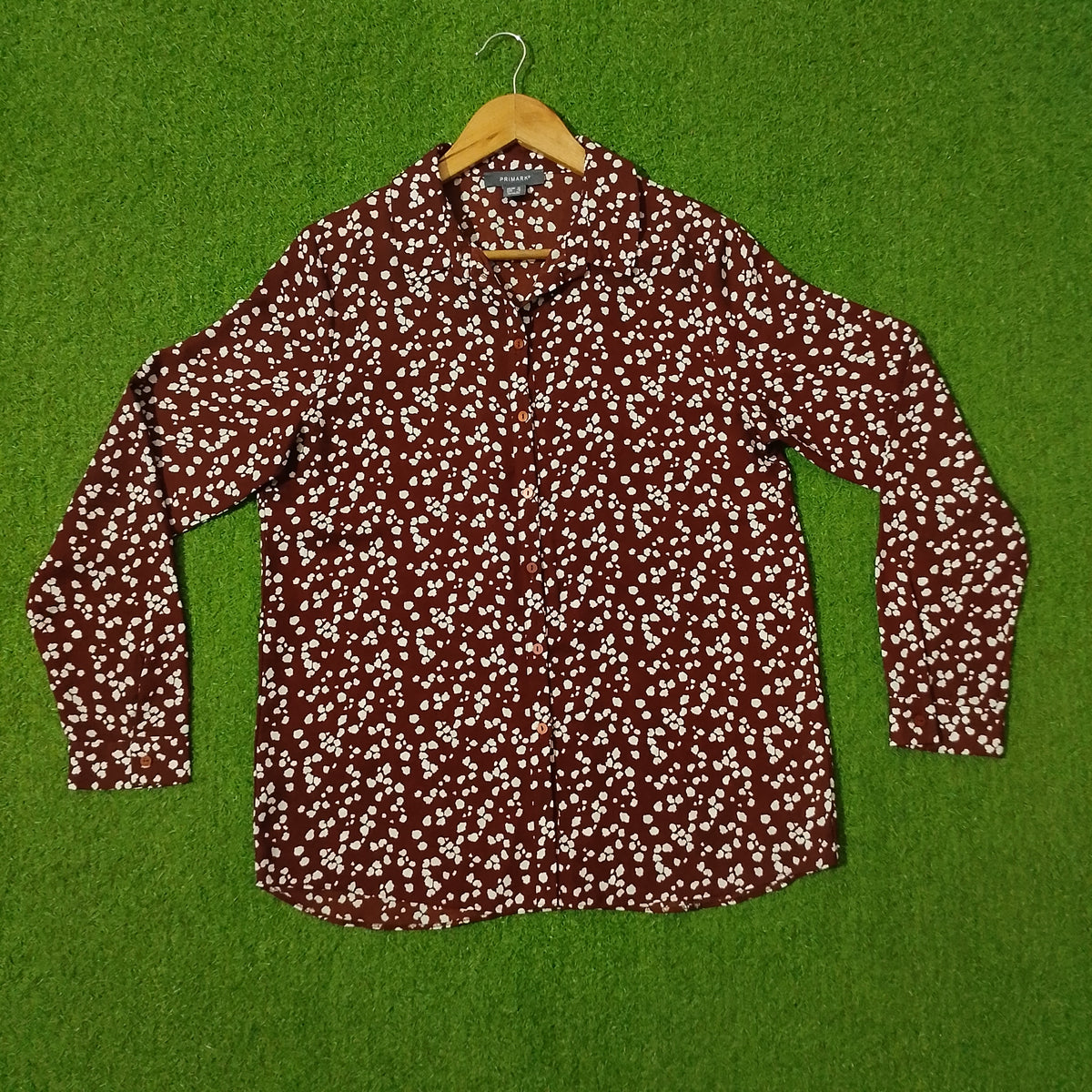 Brown Floral Print Button-Down Shirt - Front View