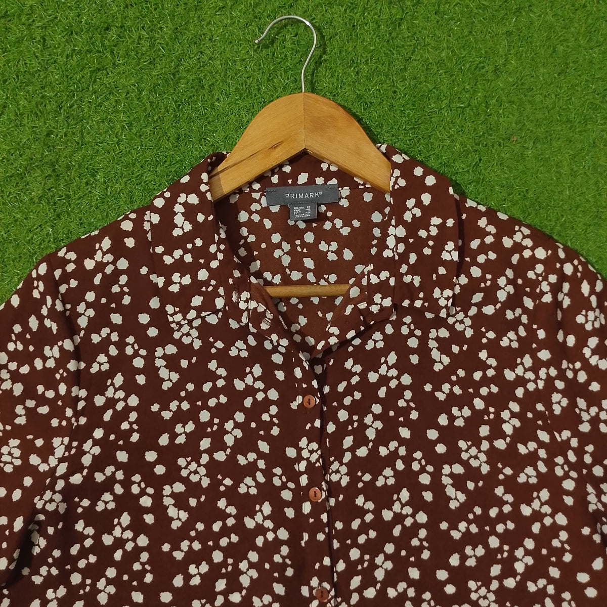 Brown Floral Print Button-Down Shirt - Label Detail