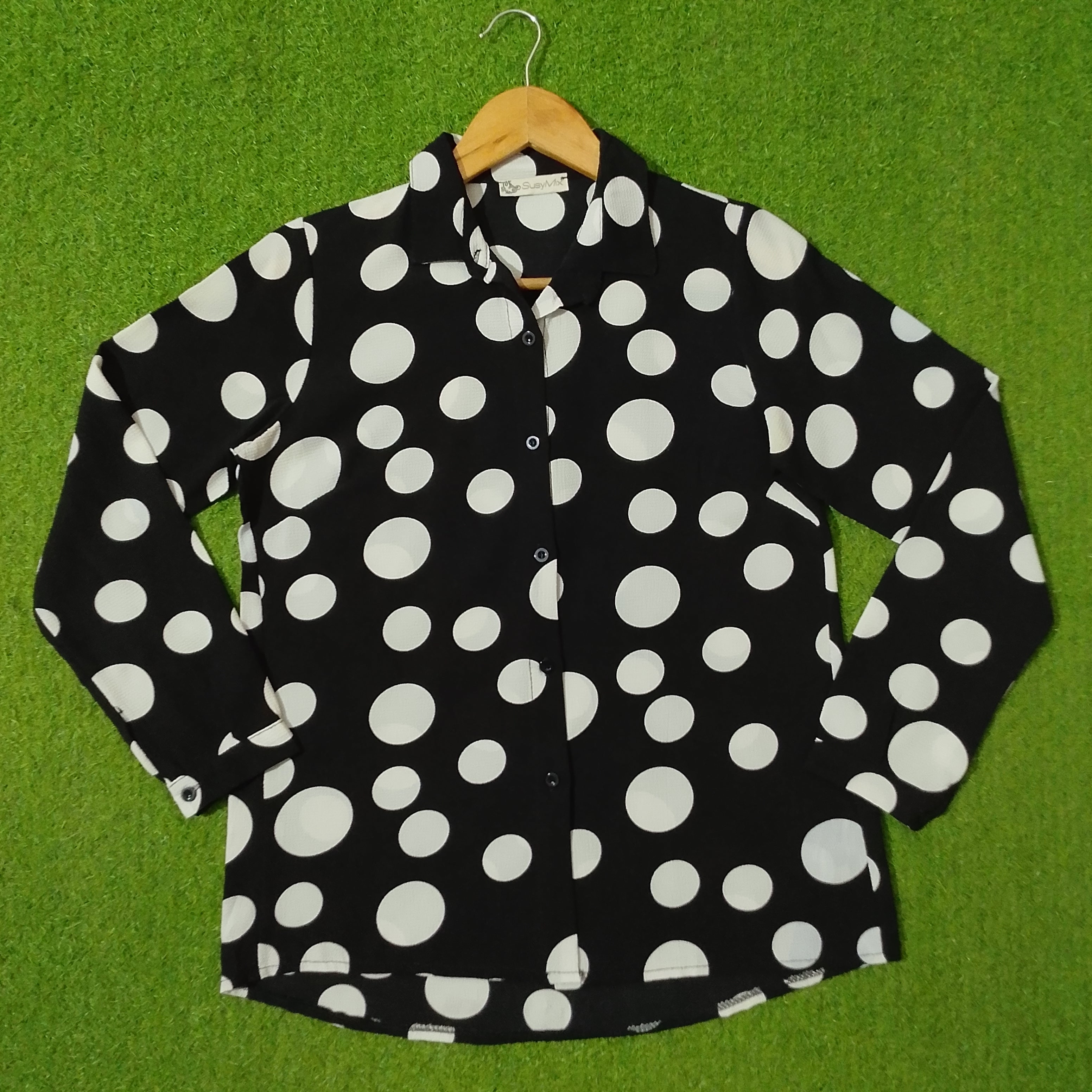 Black Polka Dot Button-Down Chiffon Shirt - Front View